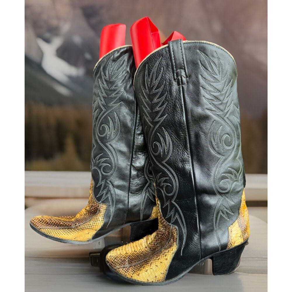 Womens Vintage Acme Snake Skin Leather Midcalf Western Heel Boots Sz 8.5 M